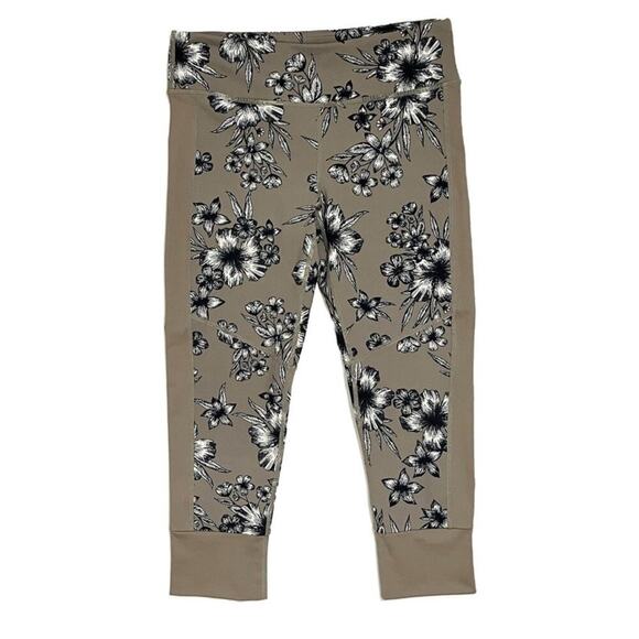 Mono B Women's Capri Leggings M Beige Floral Print Side Mesh Athletic Activewear - Picture 1 of 6